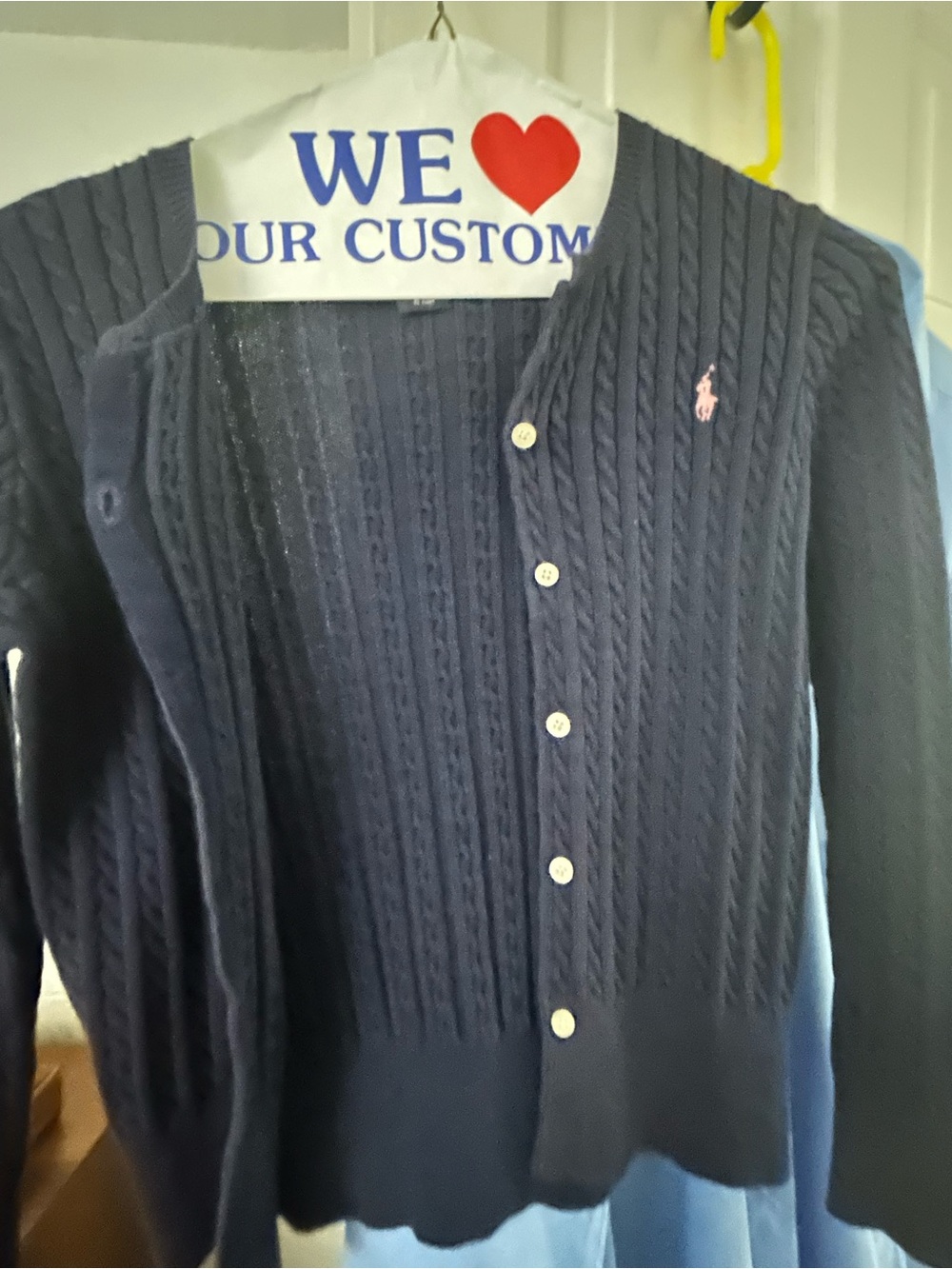 Ralph Lauren Navy Cable Cardigan with Pink Pony